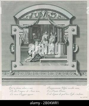 Bartolomeo Crivellari, Platte 27: Ulysses erhielt von Alcinous, dem König von Phoeacia und seiner Königin Areta nach seinem Schiffbruch "Le Pitture di Pellegrino Tibaldi di di Niccolò Abbate esistenti nell'Instituto di Bologna", Bartolomeo Crivellari (ital., aktives 18. Jahrhundert), Mittlerer Gabriel SÖdling (schwed., aktives 176), Nach dem Zeichner Tibalino Pellegrino (Italienisch, Puria di Valsolda 1527-1596 Mailand), Giampietro Zanotti, 176, Radierung und Gravur, Blatt (Getrimmt): 13 7/8 Zoll × 12 Zoll (35,2 × 30,5 cm), Ausdrucke Stockfoto