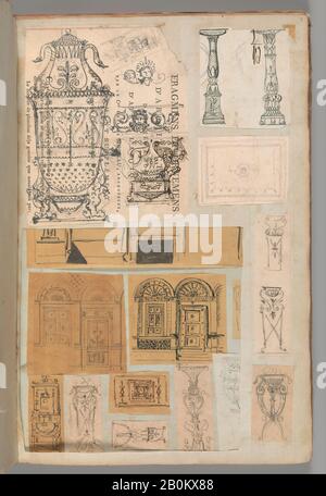 Werkstatt von Charles Percier, Seite aus einem Scrapbook mit Zeichnungen und Mehreren Drucken von Architektur, Interieurs, Möbeln und Anderen Objekten, Werkstatt von Charles Percier (Französisch, Paris 1764-182 Paris), Werkstatt von Pierre François Léonard Fontaine (Französisch, Pontoise 1762-1853 Paris), Ca. 1800-1850, Stift und schwarze und graue Tinte, Graphit, schwarze Kreide, 15 11/16 x 10 Zoll. (39,8 x 25,4 cm Stockfoto