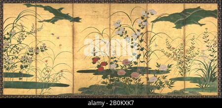 Kreis Kano Mitsunobu, Blumen und Gräser der Vier Jahreszeiten, Japan, Momoyama-Zeit (1573-1615), Kreis Kano Mitsunobu (Japanisch, 1565-1608), Ende des 16. Jahrhunderts, Japan, Paar sechstafelige Falzbildschirme; Tinte, Farbe und Blattgold auf Papier, Jeweils 15/59 16 Zoll. × 11 ft. 7 7/16 Zoll (152,3 × 354,2 cm), Bildschirme Stockfoto