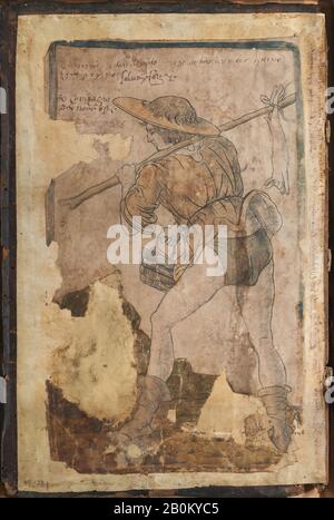 Anonyme, italienische, 15. Jahrhundert, EINE Bauernfrau, die auf den Markt geht, Anonymous, Italienisch, 15. Jahrhundert, 1470-1480, Gravur mit Handfärbung und Handschriftzusätzen, eingeklebt auf dem Inneneinband eines medizinischen Buches, Blatt: 6 7/8 × 4 13 / 16 Zoll. (17,5 × 12,3 cm), Gesamt: 12 3/16 × 8 1/4 Zoll (31 × 21 cm), Ausdrucke Stockfoto