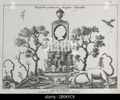 Anonyme, deutsche, 18. Jahrhundert, Landschaft mit fünfzehn Silhouetten, anonym, Deutsch, 18. Jahrhundert, Louis XVI, König von Frankreich (Französisch, Versailles 1754-177 Paris), Louis XVII (Französisch, Versailles 175-2 Paris), Marie Antobinette, Königin von Frankreich (Französisch (Österreich), Wien 1755-2 Paris), Marie Thérèse Charlotte von Frankreich (Französisch, Versailles 75-1851 Lanzenkirchen II), Katherina (Frankreich) Empress of Russia, Maximilian-François-Marie-Isidore de Robespierre (1758-1794-1800), Radierung, Crayon-Technik, Platte: 6 1/2 × 8 1/4 Zoll. (16,5 × 21 cm), Blatt: 7 5/8 × 9 1/4 Zoll (19,3 × 23,5 cm Stockfoto