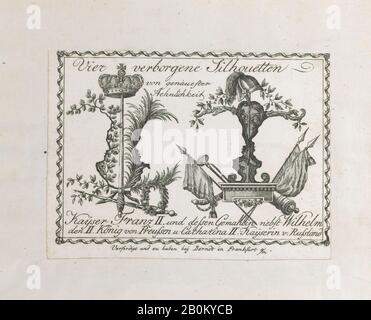 Anonyme, deutsche, 18. Jahrhundert, Landschaft mit vier Silhouetten, anonym, Deutsch, 18. Jahrhundert, Franziskus II., Heiliger römischer Kaiser (Österreich, Florenz, 1764-2 Wien), Heiliger römischer Kaiser Maria Theresia von Neapel und Sizilien (Italienisch, Neapel, 17714-1 Wien), Katharina II., Kaisersteinbruch von Russland, Wilhelm II., Kaiser von Deutschland, 17794-1800, Radierung, Bild: 3 3/4 × 5 1/8 Zoll (9,6 × 13 cm), Blatt: 7 5/8 × 9 3/16 Zoll (19,3 × 23,4 cm Stockfoto