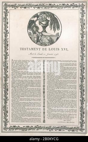 Anonym, Die letzten Worte von Louis XVI (Testament de Louis XVI), Anonymous, Französisch, Ende des 18. Jahrhunderts, Ludwig XVI., König von Frankreich (Französisch, Versailles 1754-1710 Paris), Louis XVII (Französisch, Versailles 175-2 Paris), Marie Antoinette, Königin von Frankreich (Französisch (geborene Österreich), Wien 1755-2 Paris), Marie Thérèse Charlotte von Frankreich (Französisch, Versailles, 78-1851 Lanzenkirchen), 178-1800, Holzgravur, Blatt: 16 1/8 × 10 1/2 Zoll. (40,9 × 26,6 cm), Ausdrucke Stockfoto