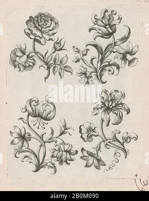 Paul Androuet Ducerceau, Serie Kleiner Blumenmotive, Platte 4, ca. 1670-85, Radierung, Platte: 7 5/16 × 5 11/16 Zoll (18,6 × 14,4 cm), Blatt: 10 Zoll × 7 9/16 Zoll (25,4 × 19,2 cm Stockfoto