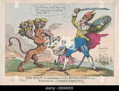 Thomas Rowlandson, The Beast, Wie In Den Enthüllungen beschrieben, Kap. 13, Ähnelt Napoleon Buonaparte, Thomas Rowlandson (Britisch, London 1757-1827 London), Nach G. Sauley [Farnham] (Britisch, aktiv 1805-8), 22. Juli 1808, Handfarbige Radierung, Blatt: 10 9/16 x 14 1/2 Zoll (26,9 x 36,9 cm), Platte: 10 1/4 x 14 1/8 Zoll (26 x 35,8 cm), Ausdrucke Stockfoto