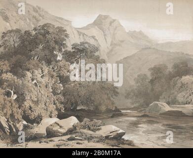 Alexandre Calame, Landscape, Alexandre Calame (Schweizer, Vevey 1810-1864 Menton), 19. Jahrhundert, Lithograph, Blatt: 11 11/16 × 15 1/16 Zoll. (29,7 × 38,3 cm), Ausdrucke Stockfoto