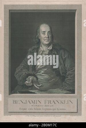 Louis Jacques Cathelin, Porträt von Benjamin Franklin, Louis Jacques Cathelin (Französisch, Paris, 1739-1804), Nach Anne Rosalie Bocquet Filleul (Französisch, Paris 1752-1752 Passy), 1709, Radierung und Gravur; zweiter Zustand, Blatt: 18 3/16 × 13 1/2 Zoll. (46,2 × 34,3 cm), Platte: 14 5/16 × 10 1/16 Zoll (36,4 × 25,5 cm), Ausdrucke Stockfoto