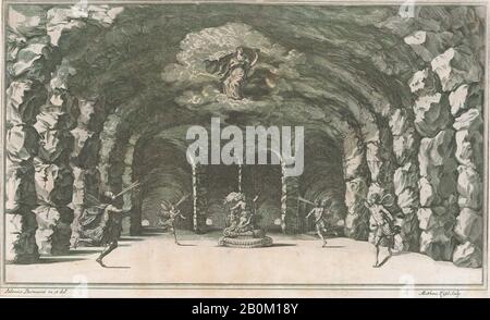 Mathäus Küsel, Cavern von Aeolus; eine Höhle mit Windgötern, die auf beiden Seiten von Aeolus weht, der im Zentrum thront; Entwurf von "Il Pomo D'Oro", Mathäus Küsel (Deutsch 1621-1682), nach Ludovico Ottaviano Burnacini (Italienisch, Mantua 1636-1707 Wien (aktives Österreich), Gestutztes Blatt 1668): 10 9/16 × 17 3/16 Zoll (26,8 × 43,6 cm Stockfoto