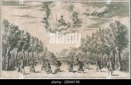 Mathäus Küsel, Marsh von Triton; Figuren, die als Minerva von oben betrachtet werden; Set Design von 'Il Pomo D'Oro', Mathäus Küsel (Deutsch 1621-1682), nach Ludovico Ottaviano Burnacini (Italienisch, Mantua 1636-1707 Wien (aktives Österreich)), 1668, Radierung, Blatt (Getrimmt): 10 7/16 von 17 ×. (26,5 × 43,5 cm Stockfoto