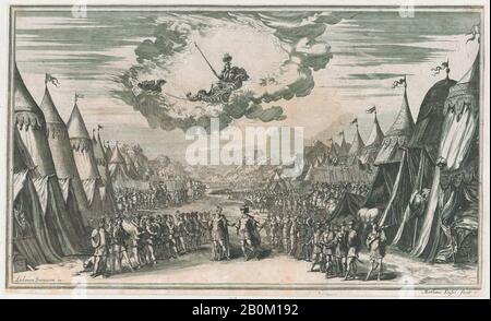 Mathäus Küsel, Die Anführer zweier Armeen, die sich unterhalten, ihre jeweiligen Truppen und Lager auf beiden Seiten; oben beobachtet Minerva von ihrem Streitwagen; Entwurf von "Il Pomo D'Oro", Mathäus Küsel (Deutsch 1621-1682), nach Ludovico Ottaviano Burnacini (Italienisch, Mantua 1636-1707 Wien (aktives Österreich), Gestutzt 1668: 8. × 17 Zoll (26,4 × 43,2 cm Stockfoto