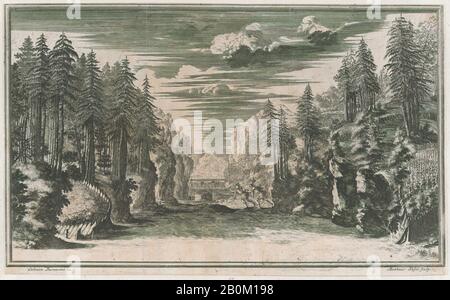 Mathäus Küsel, Landschaft mit zwei Figuren, die am Ufer des Flusses Xanto entlang laufen; Entwurf von "Il Pomo D'Oro", Mathäus Küsel (Deutsch 1621-1682), nach Ludovico Ottaviano Burnacini (Italienisch, Mantua 1636-1707 Wien (Aktiv-Österreich)), 1668, Radierung, Blatt (Getrimmt): 10 1/2 × 1/17 im 16. (26,7 × 43,3 cm Stockfoto