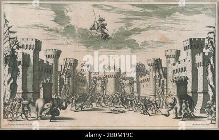 Mathäus Küsel, EINE Stadt, die überall mit Elefanten und Soldaten belagert wird; Mars von oben betrachtet; Entwurf von "Il Pomo D'Oro", Mathäus Küsel (Deutsch 1621-1682), nach Ludovico Ottaviano Burnacini (Italienisch, Mantua 1636-1707 Wien (aktives Österreich)), 1668, Radierung, Blatt (Gestutzt): 10 5/16 × 3/16. (26,2 × 43,6 cm Stockfoto
