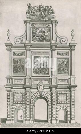 Johannes Meursius, Platte 27: Triumphbogen, Höhe des Rückens, überragt von allegorischen Figuren und dekoriert mit Szenen aus der römischen Mythen und Geschichte; von Guillielmus Becanus' 'Serenissimi Principis Ferdinandi, Hispaniarum Infantis, 1636, Gravur, Gestutztes Blatt (20 13./16. × 12./16. (52,9 × 32,5 cm Stockfoto