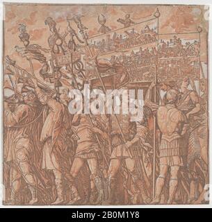 Andrea Andreani, Blatt 1: Römische Soldaten, die Banner tragen, die die triumphierenden Siege von Julius Cäsar darstellen, vom Triumph von Julius Cäsar, Andrea Andreani (Italiener, Mantua, 1558/1559-1629), Vermittelter Zeichner Bernardo Malpizzi (Italiener, Ca. 1553-1623), Nach Andrea Mantegna (Italienisch, Isola di Carturo 1430/31-1506 Mantua), 1599, Chiaroscuro Holzschnitt aus vier Blöcken, pink gedruckt, Blatt: 14 1/2 × 14 15/16 Zoll. (36,8 × 37,9 cm), Ausdrucke Stockfoto