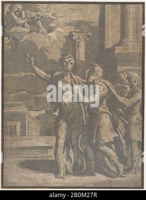 Anonym, Italienisch, 16. Jahrhundert, Die Tiburtine Sibil zeigt Kaiser Augustus die Jungfrau und das Christkind, anonym, Italienisch, 16. Jahrhundert, Nach Parmigianino (Girolamo Francesco Maria Mazzola) (Italienisch, Parma 1503-1540 Casalmaggiore), Ca. 1530-40, Chiaroscuro-Holzschnitt aus drei Blöcken in Grau (Variante aus 3[von 4] Blöcken), Version B, Blatt: 13 7/8 × 10 5/8 Zoll. (35,3 × 27 cm), Ausdrucke Stockfoto