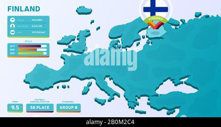 Isometrische Karte von Europa mit hervorgehobener vektorieller Darstellung des Landes Finnland. Infografik zur Endphase des europäischen Fußballturniers 2020 und Land in Stock Vektor