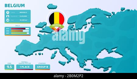 Isometrische Karte von Europa mit hervorgehobener Grafik für belgische Vektorgrafiken. Infografik zur Endphase des europäischen Fußballturniers 2020 und Land in Stock Vektor