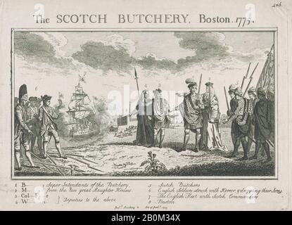 Anonym, Britisch, 18. Jahrhundert, The Scotch Butchery, Boston, 1775, Anonymous, Britisch, 18. Jahrhundert, 1775, Radierung und Gravur, Platte: 9 7/16 x 13 11/16 in. (24 x 34,7 cm), Blatt: 10 3/8 x 15 1/4 Zoll (26,4 x 38,7 cm), Ausdrucke Stockfoto