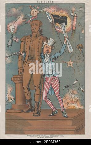 Thomas B. Worth, Uncle Sam's Annual Celebration, Fire-works of the Period, Thomas B. Worth (amerikanisch, New York 1834-1917 Staten Island, New York), 1881-1917, Color lithograph, Blatt: 20 3/8 x 13 9/16 in. (51,8 x 34,5 cm), Ausdrucke Stockfoto