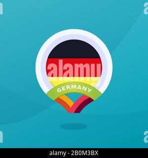 Deutschland Vector Flag Karte Ort Pin. Endphase des europäischen Fußballturniers 2020. Offizielle Meisterschaftsfarben und -Stil. Stock Vektor