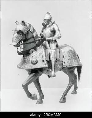 Kunz Lochner, Horse Armor Hergestellt für Johann Ernst, Herzog von Sachsen-Coburg (1521-1553), Deutsch, Nürnberg, 1548, Nürnberg, Deutsch, Nürnberg, Stahl, Leder, Kupferlegierung, Textil, Wt. Einschließlich Sattel 92 lb. (41,73 kg); Bit: 15,2 cm (H. 6 Zoll); 27,9 cm (W. 11 Zoll), Rüstung für Pferd Stockfoto