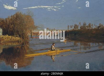 Thomas Eakins, The Champion Single Sculls (Max Schmitt in a Single Scull), American, Thomas Eakins (American, Philadelphia, Pennsylvania 1844-1916 Philadelphia, Pennsylvania), 1871, American, Oil on Canvas, 32 1/4 x 46 1/4 Zoll. (81,9 x 117,5 cm), Gemälde Stockfoto