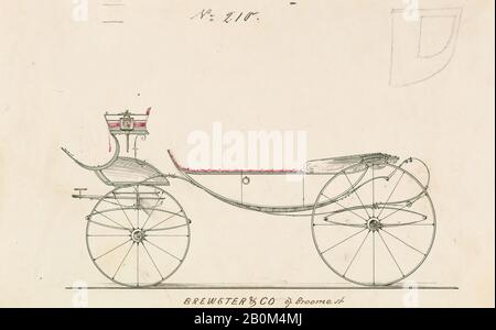 Brewster & Co., Design for Vis-à-Vis/ Barouche, nein 210, Brewster & Co. (American, New York), 1850-70, Graphit, Stift und schwarze Tinte, Aquarell und Gouache, 6 1/16 x 9 1/8 Zoll. (15,4 x 23,2 cm), Zeichnungen Stockfoto