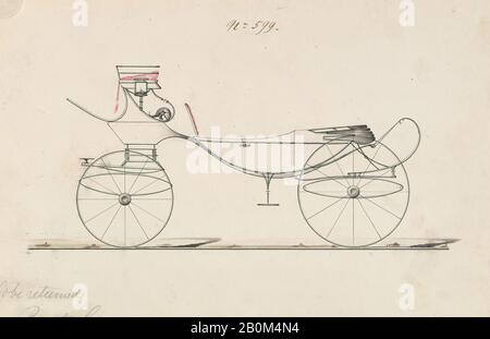 Brewster & Co., Design for Vis-à-Vis/ Barouche, nein 599, Brewster & Co. (American, New York), 1850-70, Graphit, Stift und schwarze Tinte, Aquarell und Gouache, 6 9/16 x 9 13 / 16 Zoll. (16,7 x 24,9 cm), Zeichnungen Stockfoto