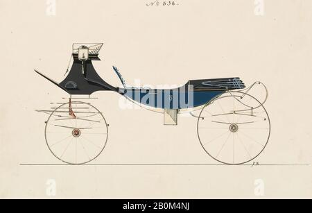 Brewster & Co., Design for Vis-à-Vis/ Barouche, nein 838, Brewster & Co. (Amerikanisch, New York), Paul Rodissart (amerikanisch, aktiv 1850-80), 1850-70, Stift- und schwarze Tinte, Aquarell und Gouache, mit Gummi arabisch, 6 x 9 1/8 Zoll. (15,2 x 23,2 cm), Zeichnungen Stockfoto