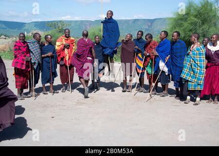 MTO Wa Mbu, Tansania, Afrika – 9. Januar 2020: Afrikanische Stammesmitglieder namens Massai. Massai Krieger führen die traditionelle Sprungtanz Zeremonie. Stockfoto