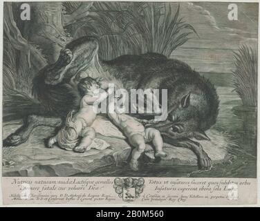 Nachdem Justus van Egmont, Romulus und Remus den She-Wolf an einem Flussufer saugen, Nach Justus van Egmont (Flämisch, Leiden 1601-1674 Antwerpen), Anonymus, Peter Paul Rubens (Flämisch, Siegen 1577-1640 Antwerpen), Ca. 1.97-75, Gravur, Blech (Getrimmt): 12 5/8 × 15 7/8 Zoll (32 × 40,3 cm), Ausdrucke Stockfoto