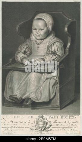 Manuel Salvador Carmona, Portrait eines der Kinder von Cornelis de vos (wahrscheinlich), auf einem Babystuhl sitzend, Manuel Salvador Carmona (Spanisch, 1734-188), Nach Cornelis de vos (Flämisch, Hulst 1584/85-1651 Antwerpen), Peter Paul Rubens (Flämisch, Siegen 1577-1640 Antwerpen), 1762, Gravur, Blatt (Gestutzt): 13 3/16 × 15/16. (33,5 × 20,1 cm), Ausdrucke Stockfoto