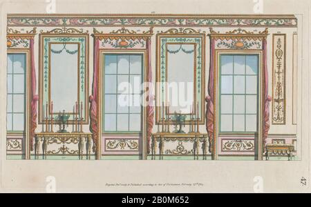 Michelangelo Pergolesi, Dekorierte Innenwand mit Fenster und Pier-Glas, Nr. 267-273 ('Designs für Verschiedene Verzierungen', pl. 47), 27. Februar, 174, Radierung und Aquarell, Platte: 17 5/8 × 10 5/8 Zoll (44,7 × 27 cm), Blatt: 21 1/4 × 14 3/4 Zoll (54 × 37,5 cm Stockfoto