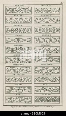 Michelangelo Pergolesi, Tafeln des Schmuck, Nr. CCLXXIV-CCXCIII ('Designs für Verschiedene Verzierungen', pl. 48), Michelangelo Pergolesi (italienisch, aktiv ab dem Jahr 1801), 27. Februar des Jahres 1744, Radierung; in dunkelbrauner Tinte gedruckt, Platte: 17 7/8 × 10 9/16 Zoll. (45,4 × 26,8 cm), Blatt: 21 1/4 × 14 7/8 Zoll (54 × 37,8 cm Stockfoto