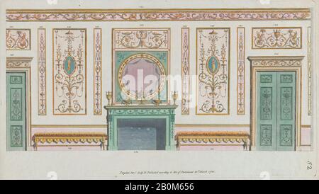 Michelangelo Pergolesi, Dekorierte Innenwand mit Türen und Kamin, Nr. 344-350 ('Designs für Verschiedene Verzierungen', pl. 52), Michelangelo Pergolesi (italienisch, aktiv ab dem Jahr 1801), 20. März, 875, Radierung; gedruckt in dunkelbrauner Tinte und Aquarell, Platte: 18 1/2 × 10 3/8 Zoll. (47 × 26,3 cm), Blatt: 20 3/8 × 13 7/16 Zoll (51,8 × 34,2 cm Stockfoto