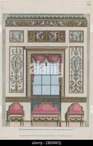 Michelangelo Pergolesi, Dekorierte Innenwand mit Fenster und Möbeln, Nr. 411-424 ('Designs für Verschiedene Verzierungen', pl. 64), 15. Februar 173, Radierung und Aquarell, Platte: 17 13 / 16 × 11 13 / 16 Zoll (45,3 × 30 cm), Blatt: 21 Zoll × 14 7/8 Zoll (53,3 × 37,8 cm Stockfoto