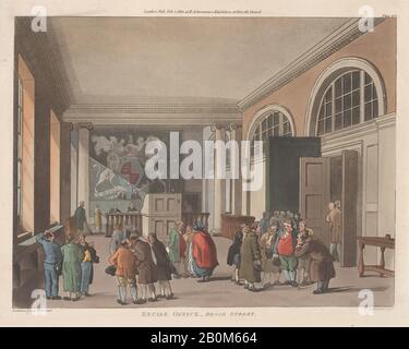 Entworfen und geätzt von Thomas Rowlandson, Verbrauchsteuer Office, Broad Street, Mikrokosmos von London, pl. 103, Entworfen und geätzt von Thomas Rowlandson (Britisch, London 1757-187 London), Entworfen und geätzt von Auguste-Charles Pugin (Britisch (Born France), Paris 1768/69-1832 London), Aquatint von Thomas Sutherland (Britisch, 85-8 × 11 3/4 in. Februar 1810, Handfarbige Radierung und Aquatint, Blatt: 9 5/8   11 3/4 in 3/4 in. (24,4 × 29,9 cm), Platte: 8 7/8 × 11 1/4 Zoll (22,5 × 28,6 cm), Ausdrucke Stockfoto