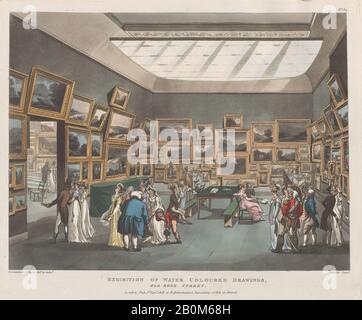 Entworfen und geätzt von Thomas Rowlandson, Ausstellung von Wasserfarbenen Zeichnungen, Old Bond Street, Mikrokosmos von London, pl. 34, Entworfen und geätzt von Thomas Rowlandson (Britisch, London 1757-187 London), Entworfen und geätzt von Auguste-Charles Pugin (Britisch, Born France), Paris 1768/69-1832 London), Aquatint von John Bluck (Britisch, 1991-92), 1. September 1808, Handfarbige Radierung und Aquatint, Blatt: 9 1/2 × 11 9/16 in. (24,1 × 29,3 cm), Platte: 9 1/8 × 11 1/16 Zoll (23,1 × 28,1 cm), Ausdrucke Stockfoto