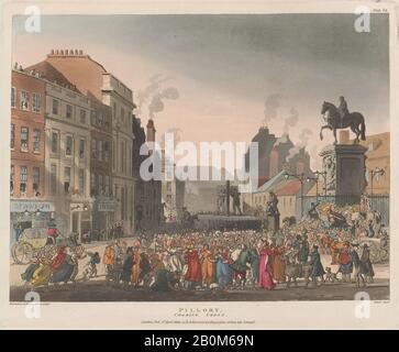 Entworfen und geätzt von Thomas Rowlandson, Pillory, Charing Cross, Mikrokosmos von London, Pl. 62, Entworfen und geätzt von Thomas Rowlandson (Britisch, London 1757-187 London), Entworfen und geätzt von Auguste-Charles Pugin (Britisch, Frankreich), Paris 1768/69-1832 London), Aquatint von John Bluck (Britisch, 1731-1832), April 1809, Handfarbige Radierung und Aquatinte, Blatt: 9 3/8 × 11 7/16 im Jahr. (23,8 × 29 cm), Platte: 8 7/8 × 10 13 / 16 Zoll (22,5 × 27,5 cm), Ausdrucke Stockfoto