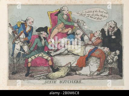 Thomas Rowlandson, State Butchers, Thomas Rowlandson (Britisch, London 1757-1827 London), William Pitt (Britisch, 1759-1806), Baron Edward Thurlow (Britisch, Norfolk 1731-1806 Brighton), Augustus Henry Fitzroy, 3rd Duke of Grafton, Henry Dundas, 1st Viscount Melville (Britisch, Edinburgh, 1742-1811), Thomas Townshend, 1st Sydney, 1733, Prince Raynham, Royal Wales (Britisch, London 1762-1830 Windsor), 28. Januar 1789, Handfarbige Radierung, Blatt (getrimmt): 10 5/16 × 14 7/8 Zoll. (26,2 × 37,8 cm), Ausdrucke Stockfoto