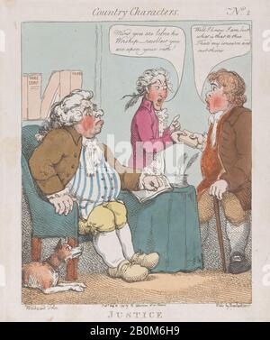 Thomas Rowlandson, Justice, Country Characters, Thomas Rowlandson (Britisch, London 1757-187 London), Nach George Moutard Woodward (Britisch, Ca. 170-1809 London), 30. August 1799, Handfarbige Radierung, Blatt (getrimmt): 9 3/4 × 8 3/16 Zoll. (24,7 × 20,8 cm), Ausdrucke Stockfoto