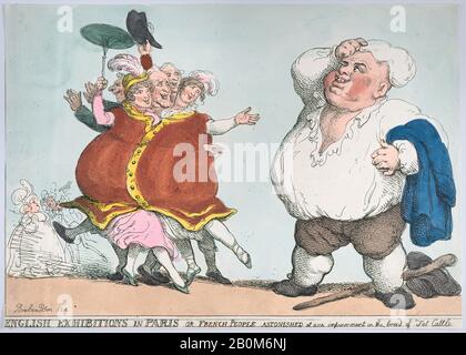 Thomas Rowlandson, English Exhibitions in Paris oder French People Staunte über Unsere Verbesserung bei Der Rasse Von Fettvieh, Thomas Rowlandson (British, London 1757-187 London), 1812, Handkolorierte Radierung, Blatt: 9 1/8 × 12 13/16 in. (23,1 × 32,6 cm), Ausdrucke Stockfoto