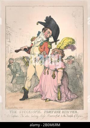 Thomas Rowlandson, Der Erfolgreiche Fortune Hunter, oder Kapitän Shelalee, Der Miss Marrowfat zum Tempel Der Hymen führt, Thomas Rowlandson (Britisch, London 1757-187 London), [1802], reportierte im Jahr 1812, Handfarbige Radierung, Blatt: 13 7/16 × 9 3/4 Zoll. (34,1 × 24,8 cm), Ausdrucke Stockfoto