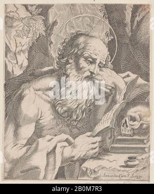 Bernardino Curti, Saint-Jerome-Reading, Bernardino Curti (Italienisch, Reggio Emilia 1611-1679 Reggio Emilia), 1630-79, Radierung und Gravur, Blatt (Getrimmt): 6 13 / 16 × 5 11/16 in. (17,3 × 14,5 cm), Ausdrucke Stockfoto