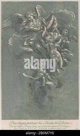 Anne Claude Philippe de Tubières, comte de Caylus, Drei Engel, die Gideons Vlies tragen; von "Recueil d'estampes d'après les plus beaux tableaux et d'après les plus beaux desseins qui sont en France, Cabinet Crozat" nach einer Zeichnung von Orazi, Anne Claude Philippe de Tubières, comte de Caylus (1692, Paris) Nicolas Le Sueur (französisch, 1691-1764), Nach Andrea Antonio Orazi (italienisch, Rom 1670-nach 1749), Ca. 1729-64, Aquatint imitierend ein Chiaroscuro Holzschnitt, der in Grün und Braun über Ätzung gedruckt wurde, Blatt (Getrimmt): 16 7/8 × 10 3/16 Zoll. (42,9 × 25,8 cm Stockfoto