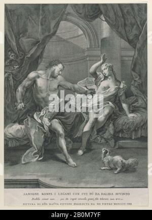 Pietro Monaco, Samson und Delilah auf einem Bett sitzend, reißt Samson die Seile, die seine Hände binden, auseinander, während Soldaten von hinter einem Vorhang anschauen; Aus der Serie von 112 Drucken der Kirchengeschichte, nach dem Gemälde von Giovanni Battista Pittoni, Pietro Monaco (italienisch, Belluno 1707-173 Venedig), Nach Giovanni Battista Pittoni (italienisch, Venedig 1687-1767 Venedig), Ca. 92-39, Ätzung und Gravur, Blatt (Getrimmt): 16 3/4 × 11 15/16 Zoll (42,6 × 30,4 cm), Ausdrucke Stockfoto