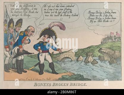 Thomas Rowlandson, Boneys Broken Bridge, Thomas Rowlandson (Britisch, London 1757-187 London), Napoléon Bonaparte (Französisch, Ajaccio 609-182 St. Helena), Erzherzöge Karl Herzog von Teschen (Österreich, 1771-7), 12. Juni 1809, Handfarbige Radierung, Blatt: 10 Zoll × 14 1/8 Zoll (25,4 × 35,9 cm), Ausdrucke Stockfoto