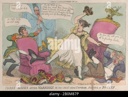 Thomas Rowlandson, Drei Wochen Nach Der Heirat, oder der Große Kleine Kaiser, Der In Bo-Peep Spielt, 'Tegys Karikaturen', Thomas Rowlandson (Britisch, London 1757-187 London), Napoléon Bonaparte (Französisch, Ajaccio, 1762-0, St. Helena), Empress Marie Louise von Frankreich (171-7), 15. Mai 1810, Handkolorierte Radierung, Blatt: 9 5/8 × 9/16. (24,5 × 34,5 cm), Ausdrucke Stockfoto