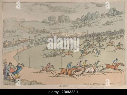 Thomas Rowlandson, Racing, Thomas Rowlandson (Britisch, London 1757-187 London), 20. Oktober 1811, Handfarbige Radierung, Platte: 9 3/4 × 13 7/8 Zoll. (24,8 × 35,3 cm), Blatt: 10 Zoll × 14 3/16 Zoll (25,4 × 36,1 cm), Ausdrucke Stockfoto