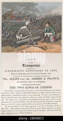 Thomas Rowlandson, Die Zwei Könige des Terrors, Thomas Rowlandson (Britisch, London 1757-187 London), Napoléon Bonaparte (Französisch, Ajaccio, 609-182 St. Helena), November 1813, Handfarbige Radierung, Blatt: 16 5/16 × 8 7/8 Zoll. (41,5 × 22,6 cm), Ausdrucke Stockfoto